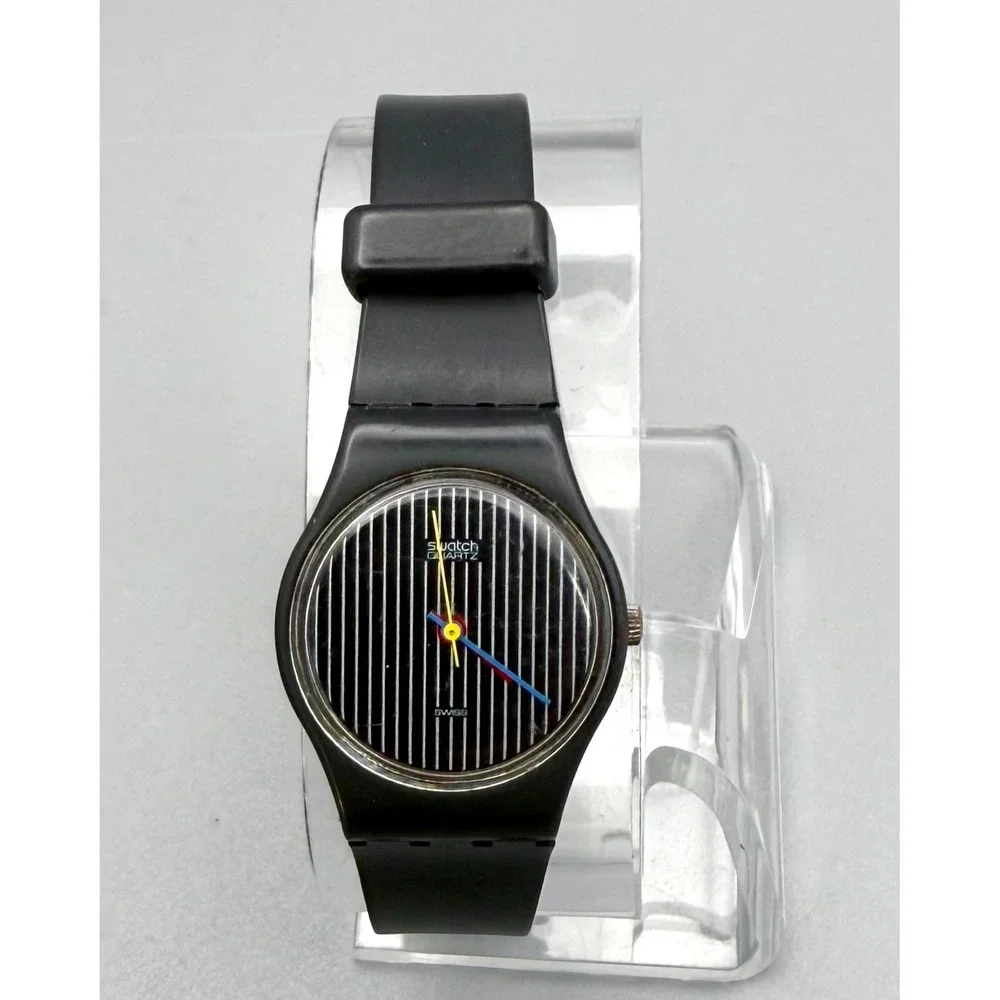 Vintage 1984 Swatch Lady LA100 Miss Chanel Miss Pinstripe Swiss Watch